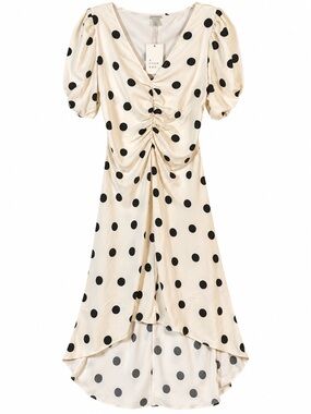 a new day Cream and Black Polka Dot High-Low Ruched Midi Dress